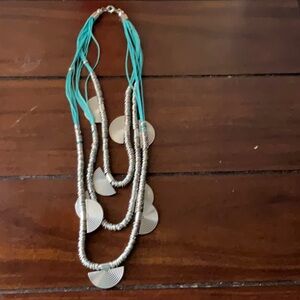 Light blue turquoise color necklace with silver plated or clear metal half dish
